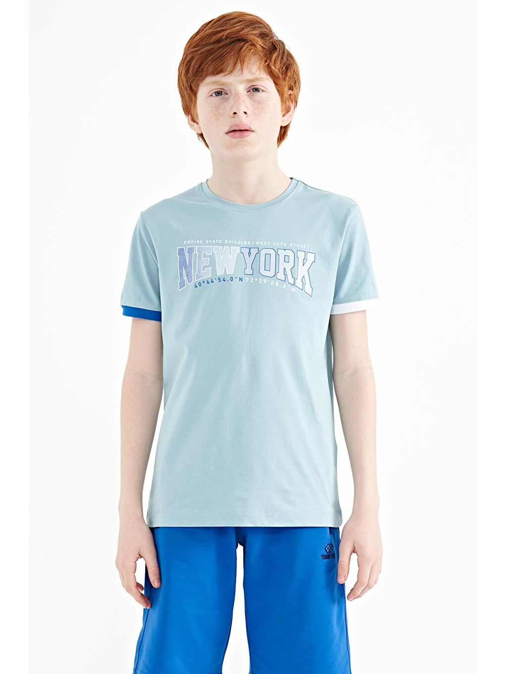 Açık Mavi Yazı Baskılı Standart Kalıp O Yaka Erkek  Çocuk Tişört - 11105