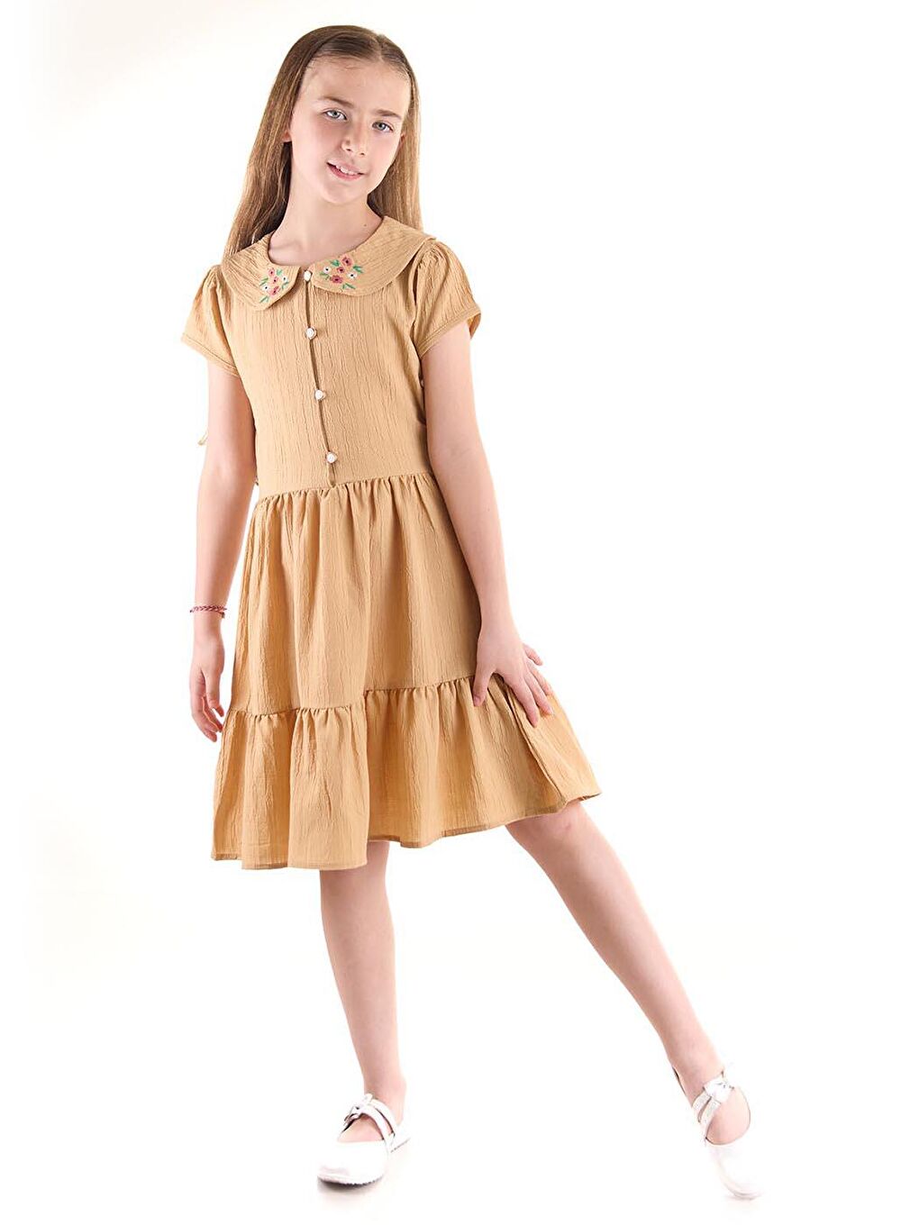 Kahverengi Kız Çocuk Düğmeli Yaka Nakışlı Elbise Trend Pamuklu-1