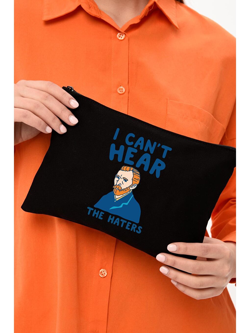 Bagg Siyah Clutch I Can't Hear Baskılı Siyah Kanvas Makyaj Çantası - 5