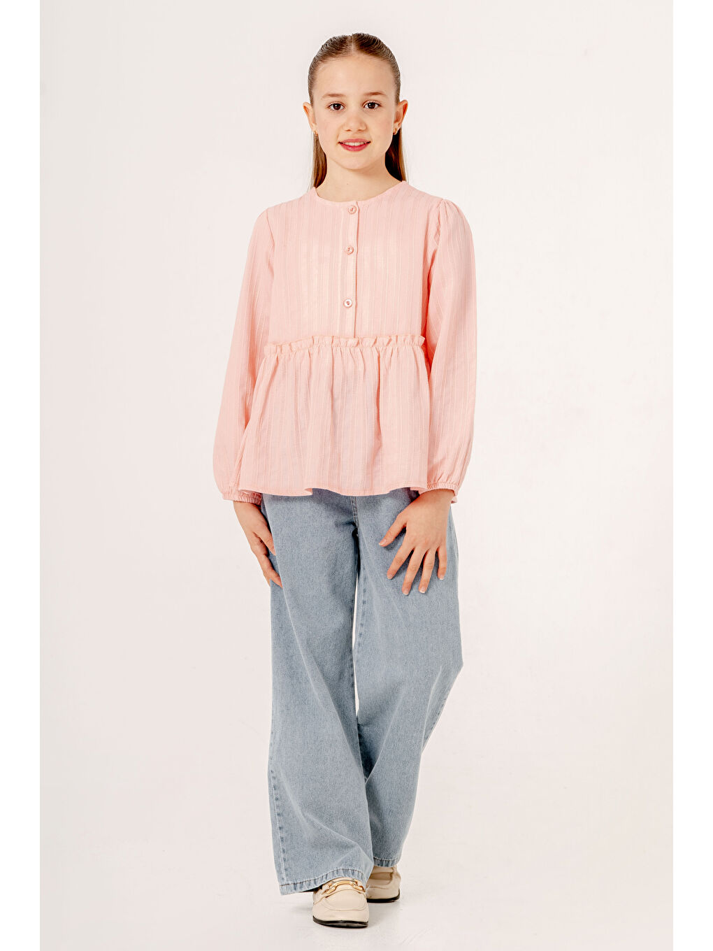 Gömlekli Beli Lastikli Jean Takım Kız Çocuk 5 9 Yaş Mavi 3763   1