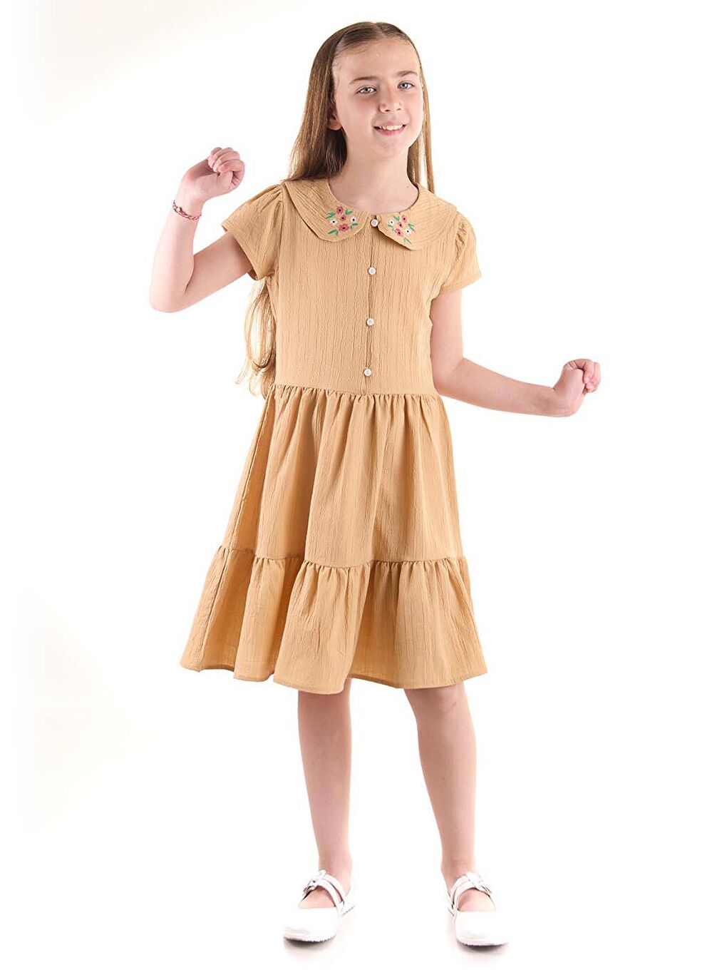 Kahverengi Kız Çocuk Düğmeli Yaka Nakışlı Elbise Trend Pamuklu-2