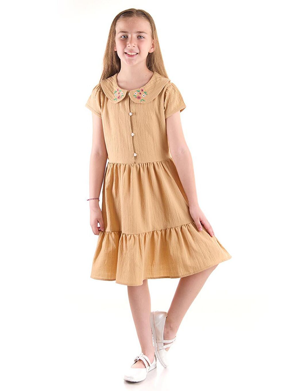 Kahverengi Kız Çocuk Düğmeli Yaka Nakışlı Elbise Trend Pamuklu-4