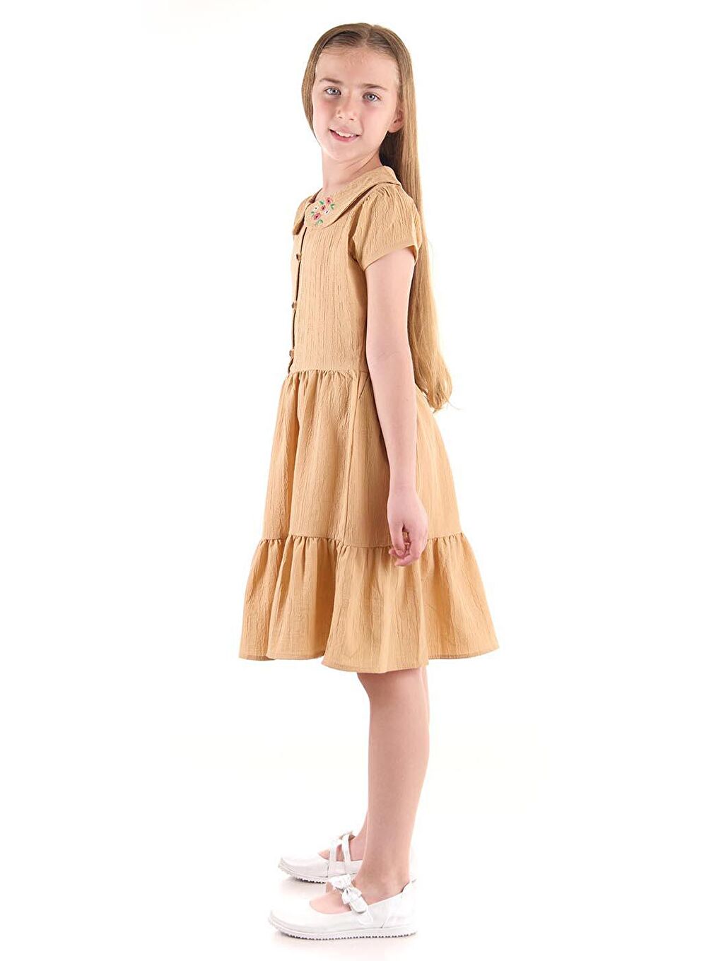 Kahverengi Kız Çocuk Düğmeli Yaka Nakışlı Elbise Trend Pamuklu-6