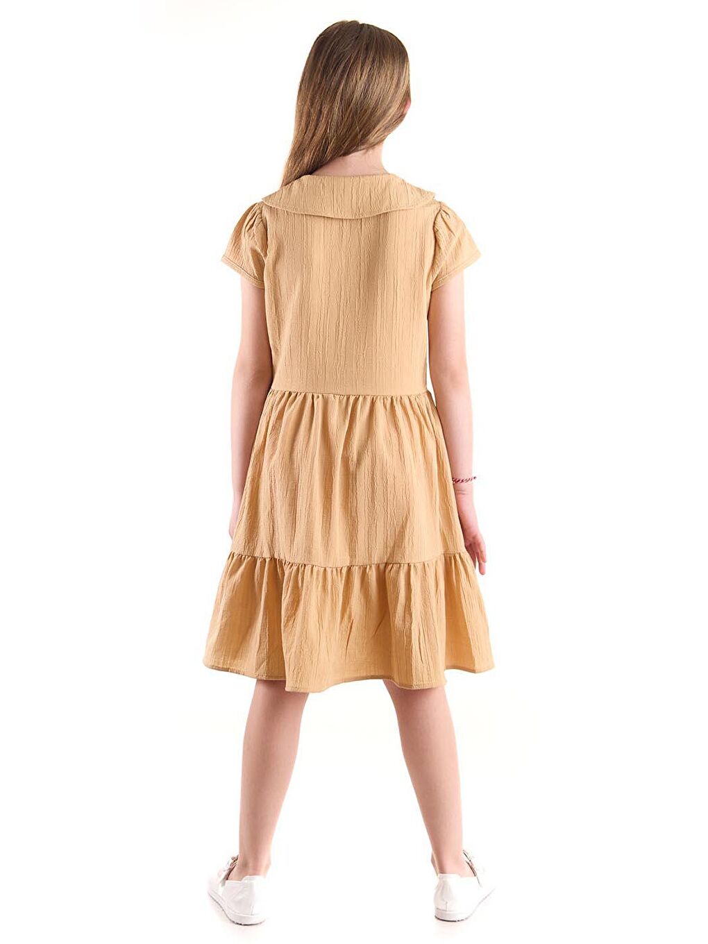 Kahverengi Kız Çocuk Düğmeli Yaka Nakışlı Elbise Trend Pamuklu-7