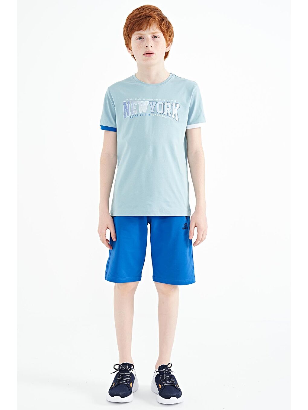 Açık Mavi Yazı Baskılı Standart Kalıp O Yaka Erkek  Çocuk Tişört - 11105-1