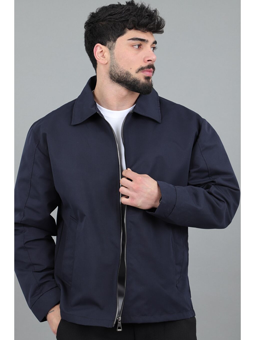 Lacivert Suya Dayanaklı Yakalı Oversize Mevsimlik Mont PLDP 3002_60393-5