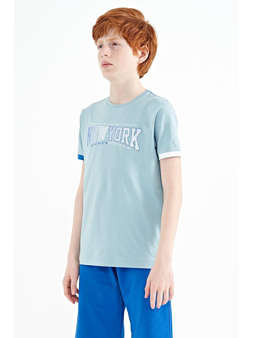 Açık Mavi Yazı Baskılı Standart Kalıp O Yaka Erkek  Çocuk Tişört - 11105-2