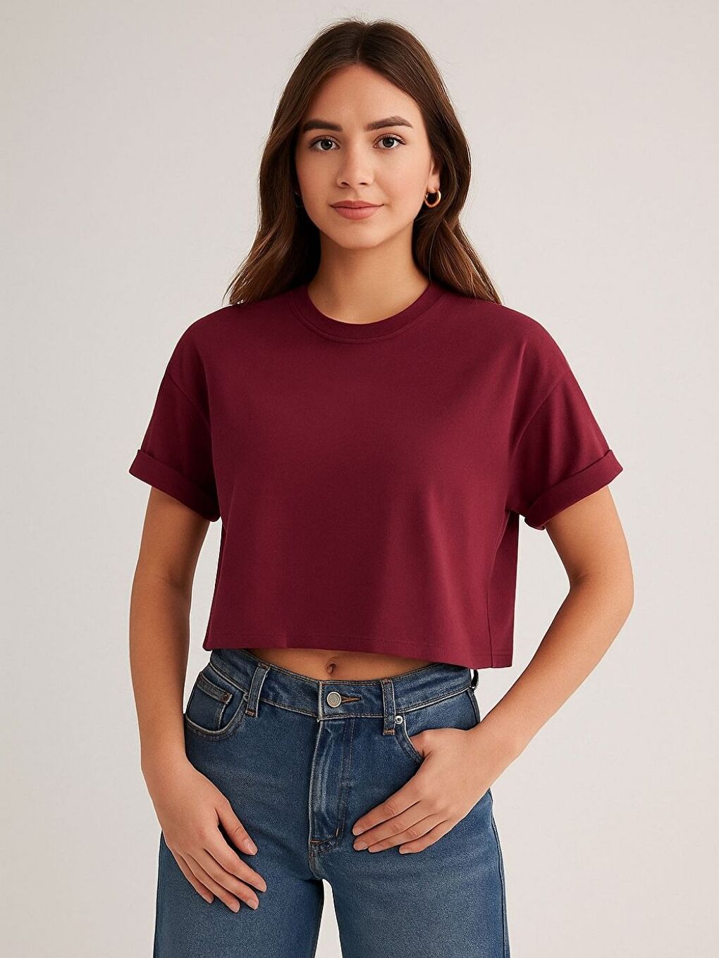 Kadın Bordo Oversize Crop Tişört-1