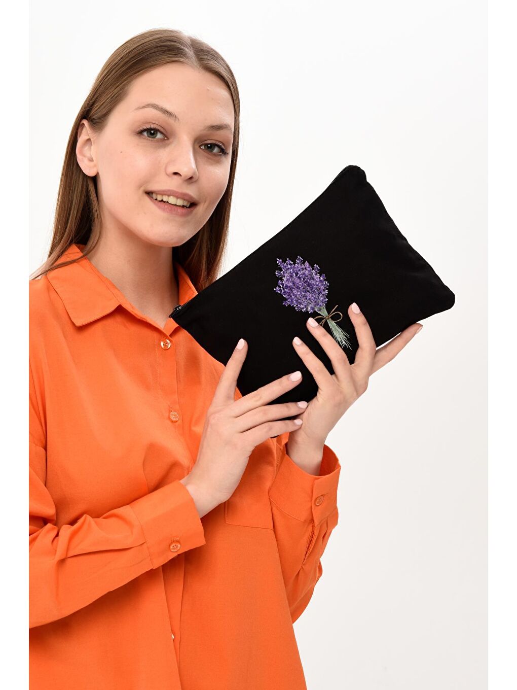 Bagg Siyah Clutch Lavender Bunch Siyah Kanvas Makyaj Çantası - 4