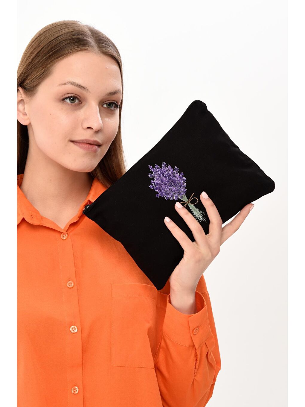 Bagg Siyah Clutch Lavender Bunch Siyah Kanvas Makyaj Çantası - 7