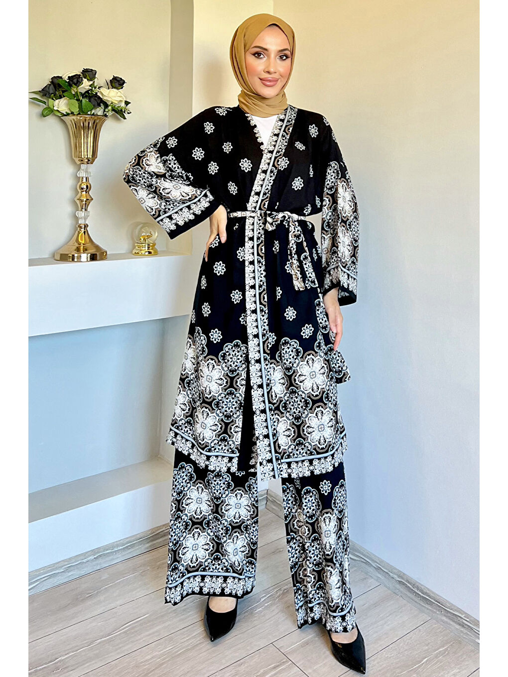 Julude Siyah Desenli Tesettür Viskon Kimono İkili Takım - 3