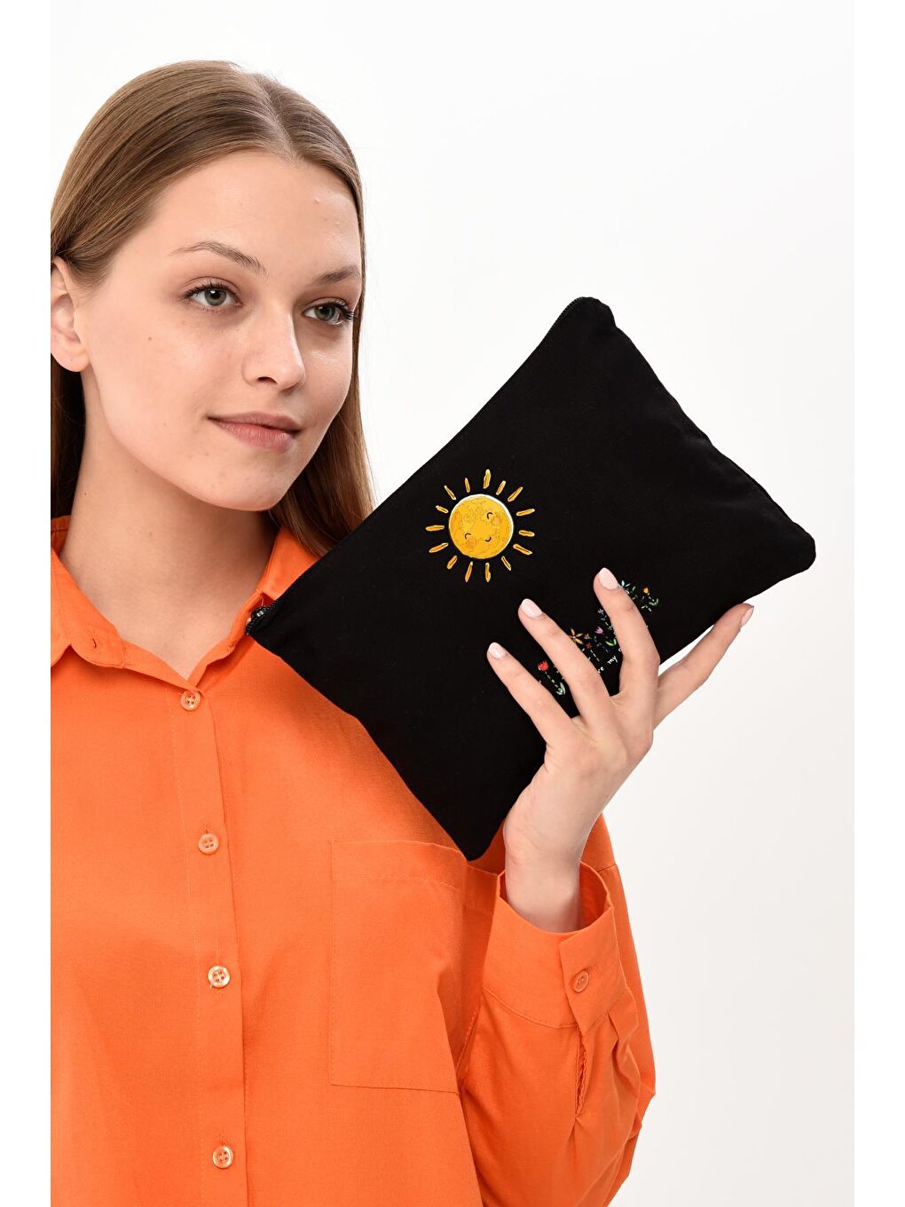 Bagg Siyah Clutch Gülümseyen Güneş Siyah Kanvas Makyaj Çantası - 7