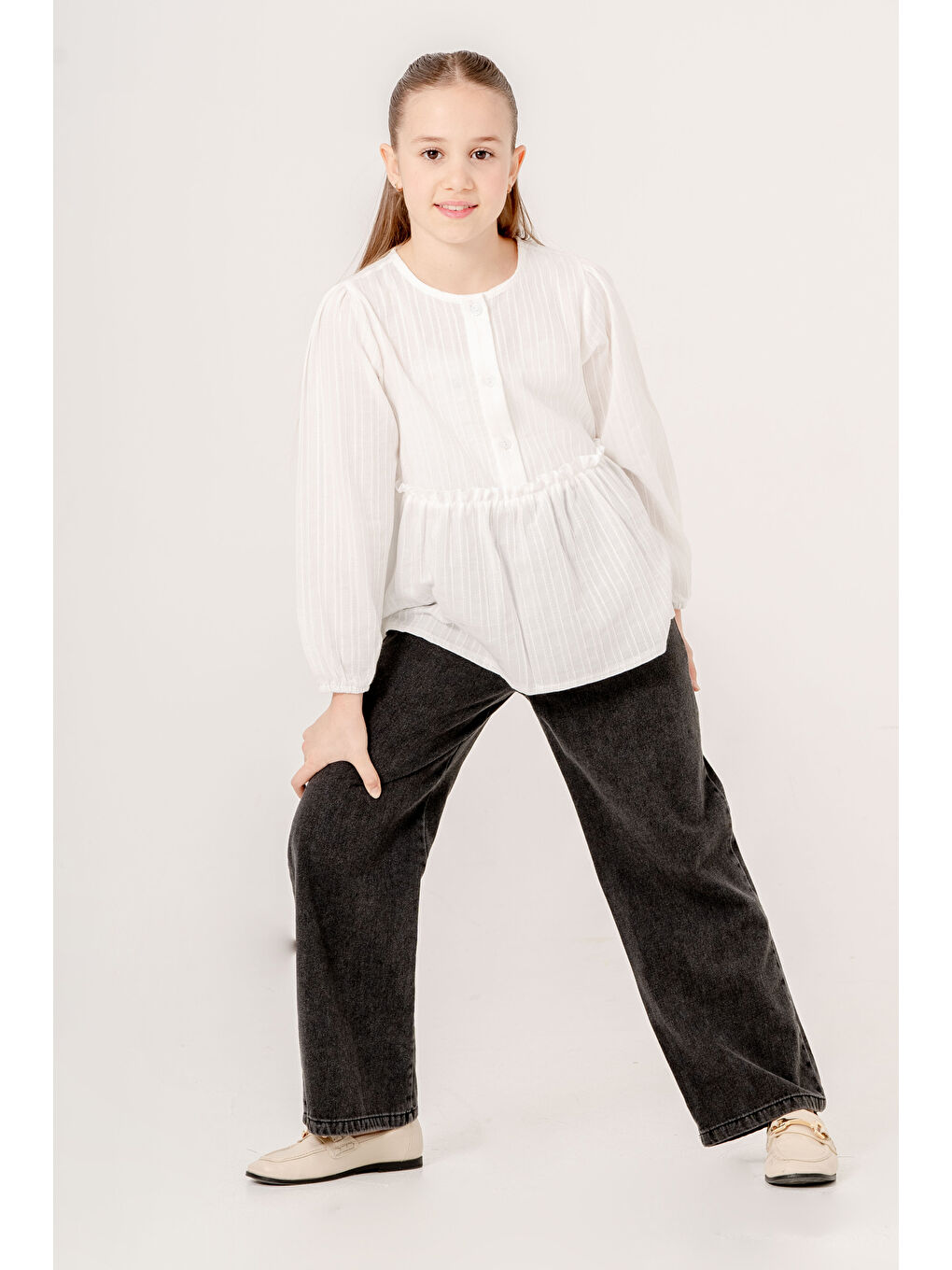 Gömlekli Beli Lastikli Jean Takım Kız Çocuk 5 9 Yaş Siyah 3763   2