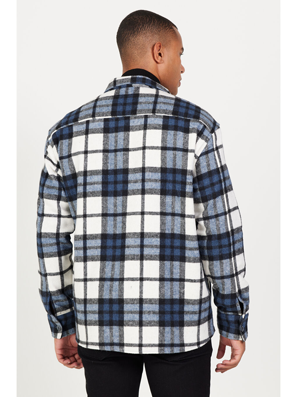 Lacivert Erkek İndigo-Siyah Oversize Fit Geniş Kesim Düğmeli Yaka Cepli Ekose Desenli Oduncu Gömlek Ceket-4
