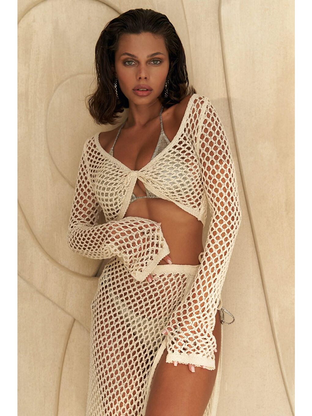 Rubina Bej Triko Crop-Etek Takım