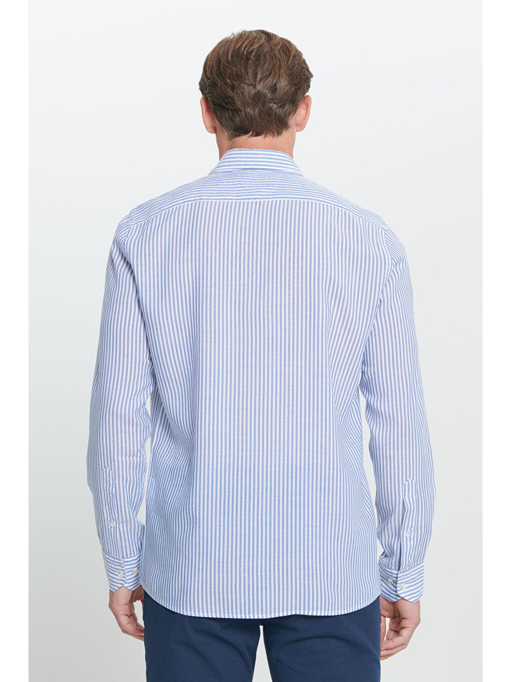 Erkek Lacivert-Beyaz Slim Fit Dar Kesim Düğmeli Yaka %100 Pamuk Çizgili Gömlek-5