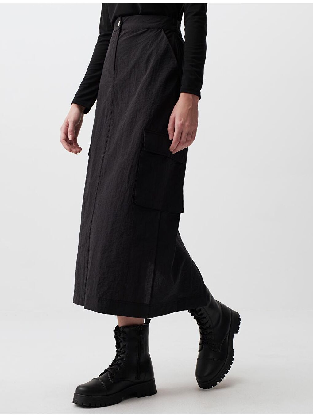 Siyah Yüksek Bel Kargo Midi Etek-1