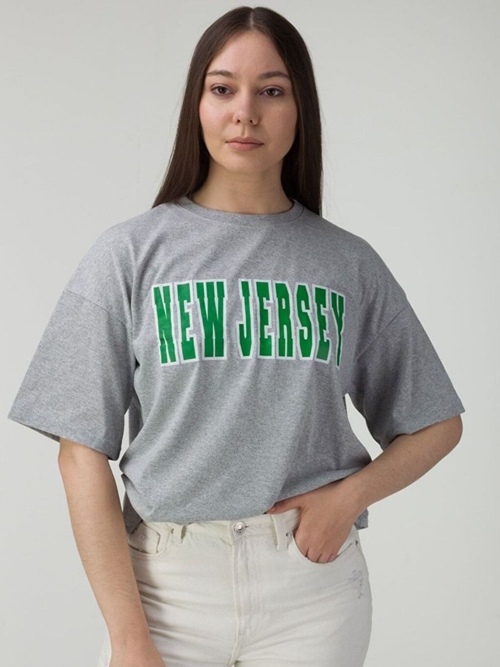 Kadın Gri New Jersey Baskılı Oversize Tişört