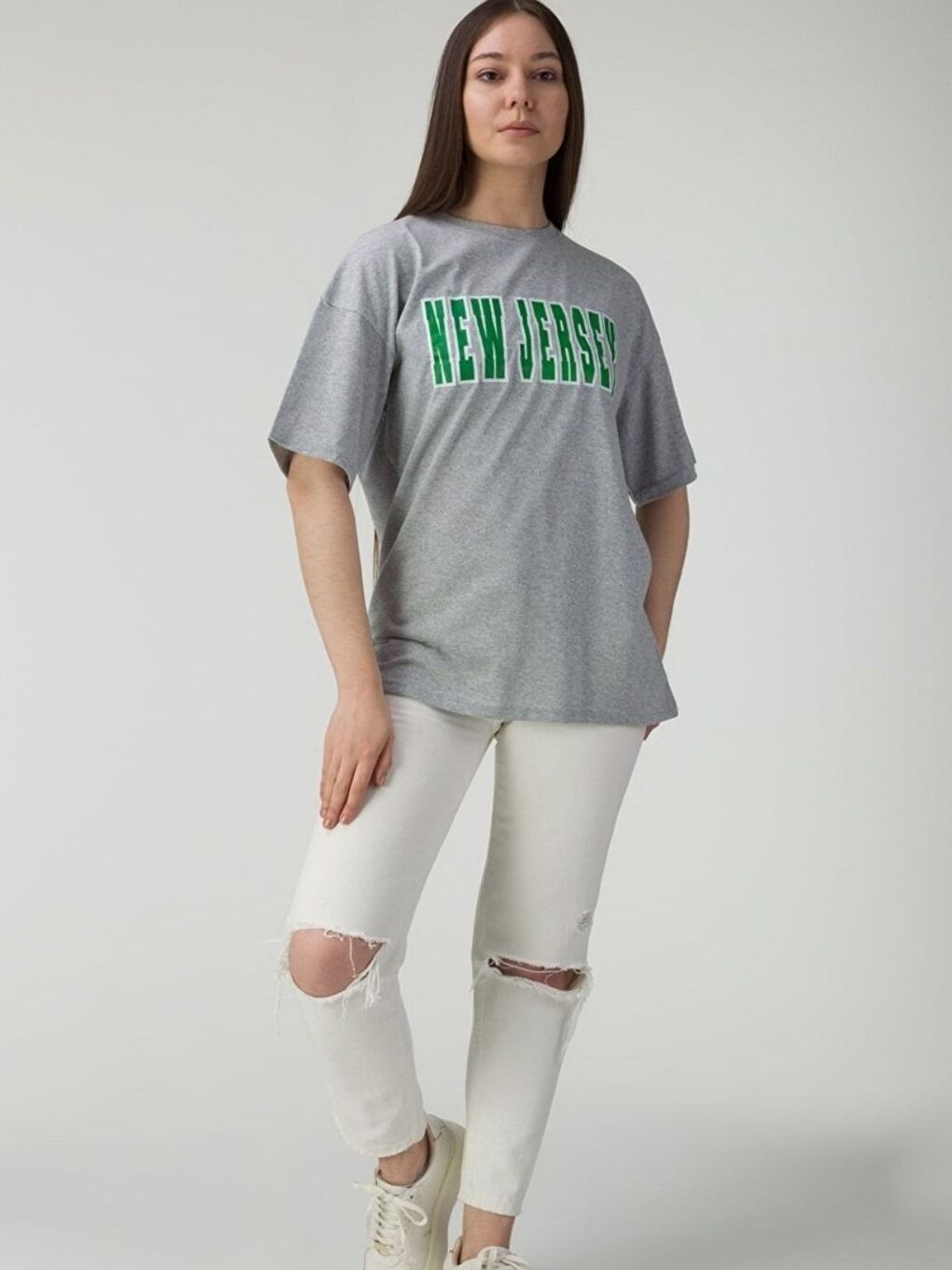 Kadın Gri New Jersey Baskılı Oversize Tişört-1