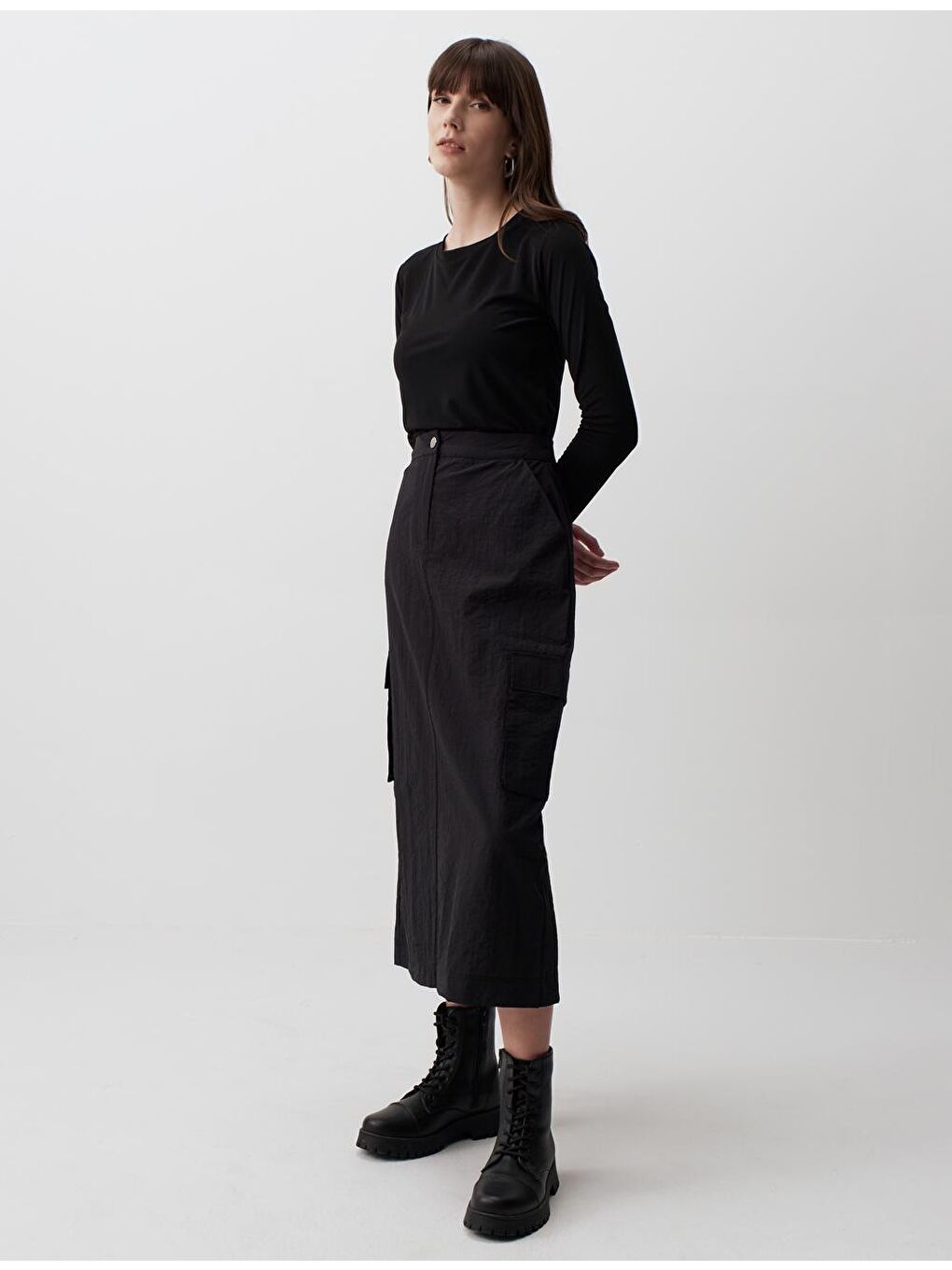 Siyah Yüksek Bel Kargo Midi Etek-2