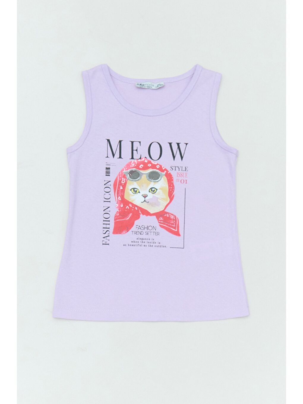 Lila %100 Pamuk Kedi Baskılı Kalın Askılı Kız Çocuk Tişört