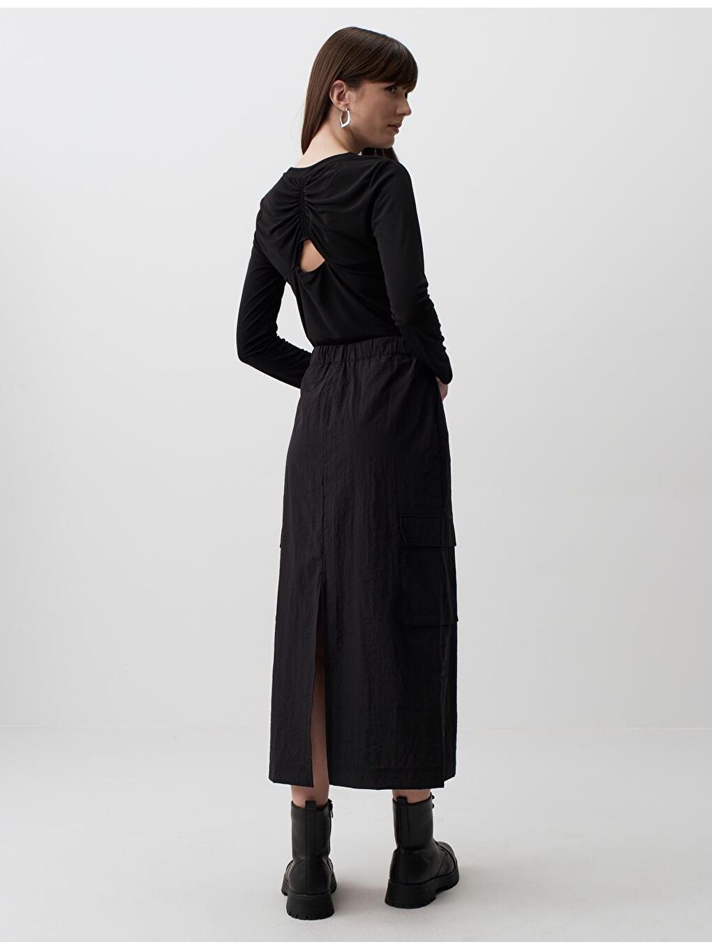 Siyah Yüksek Bel Kargo Midi Etek-4