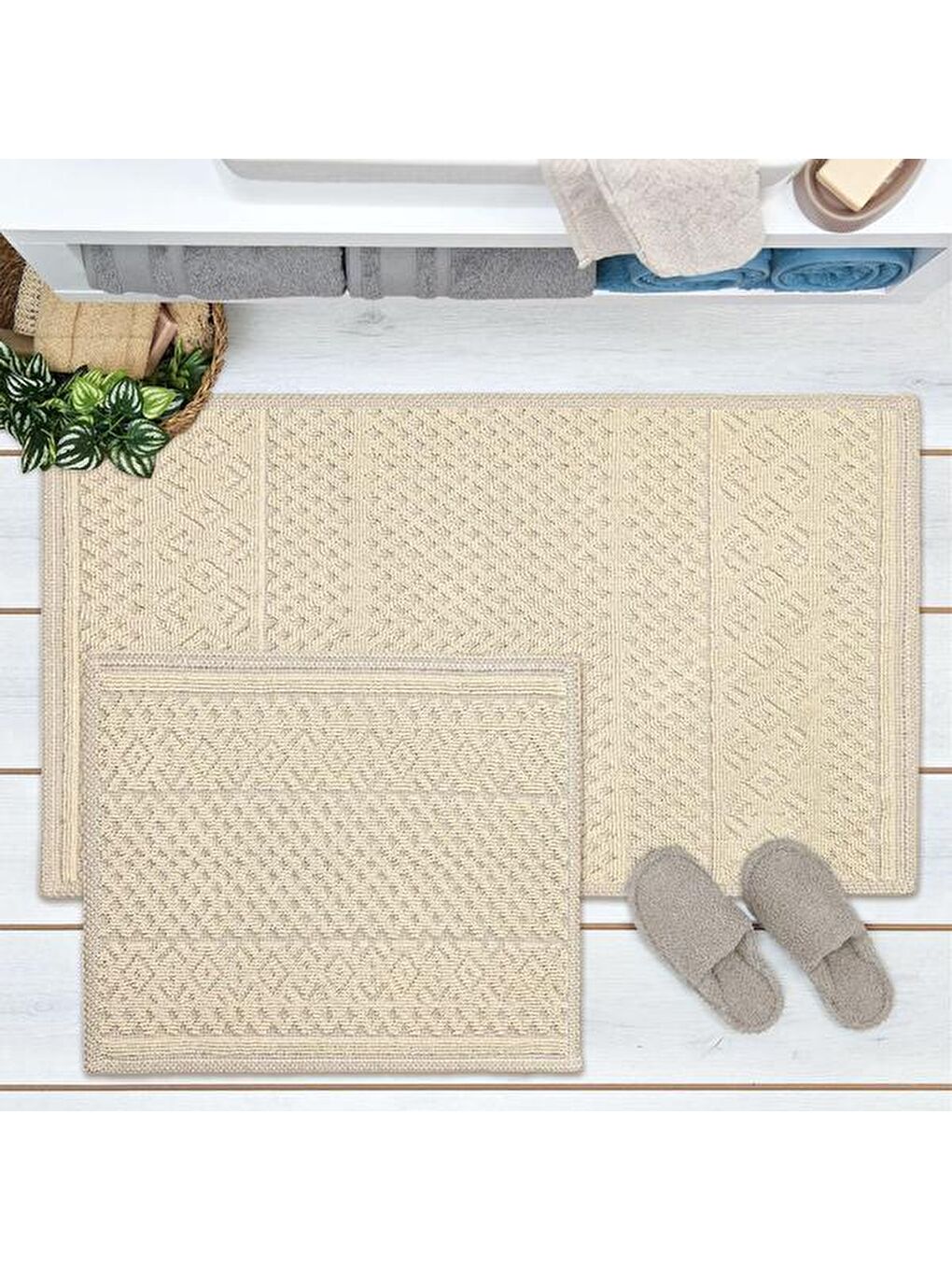 Soft Merry Natürel 2'li Banyo Paspası - Bej - 60x100 cm + 50x60 cm