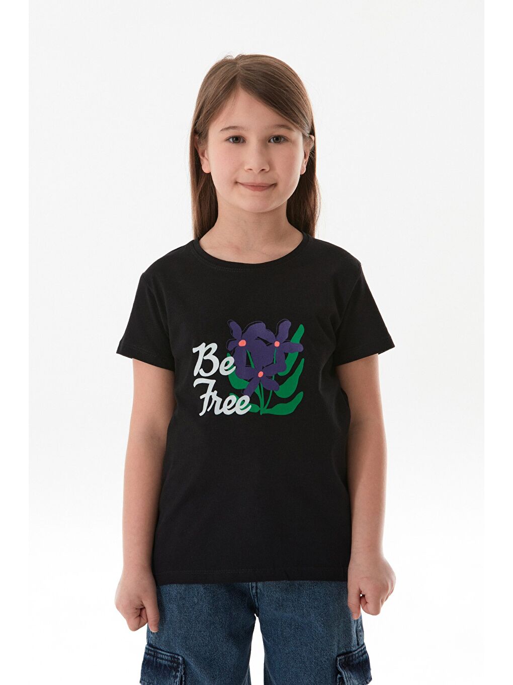 Siyah %100 Pamuk Önü Ve Arkası Çiçek Baskılı Kız Çocuk Tişört