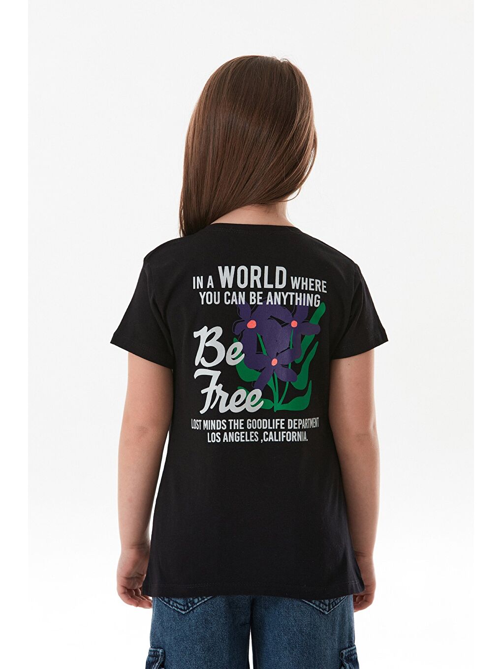 Siyah %100 Pamuk Önü Ve Arkası Çiçek Baskılı Kız Çocuk Tişört-2