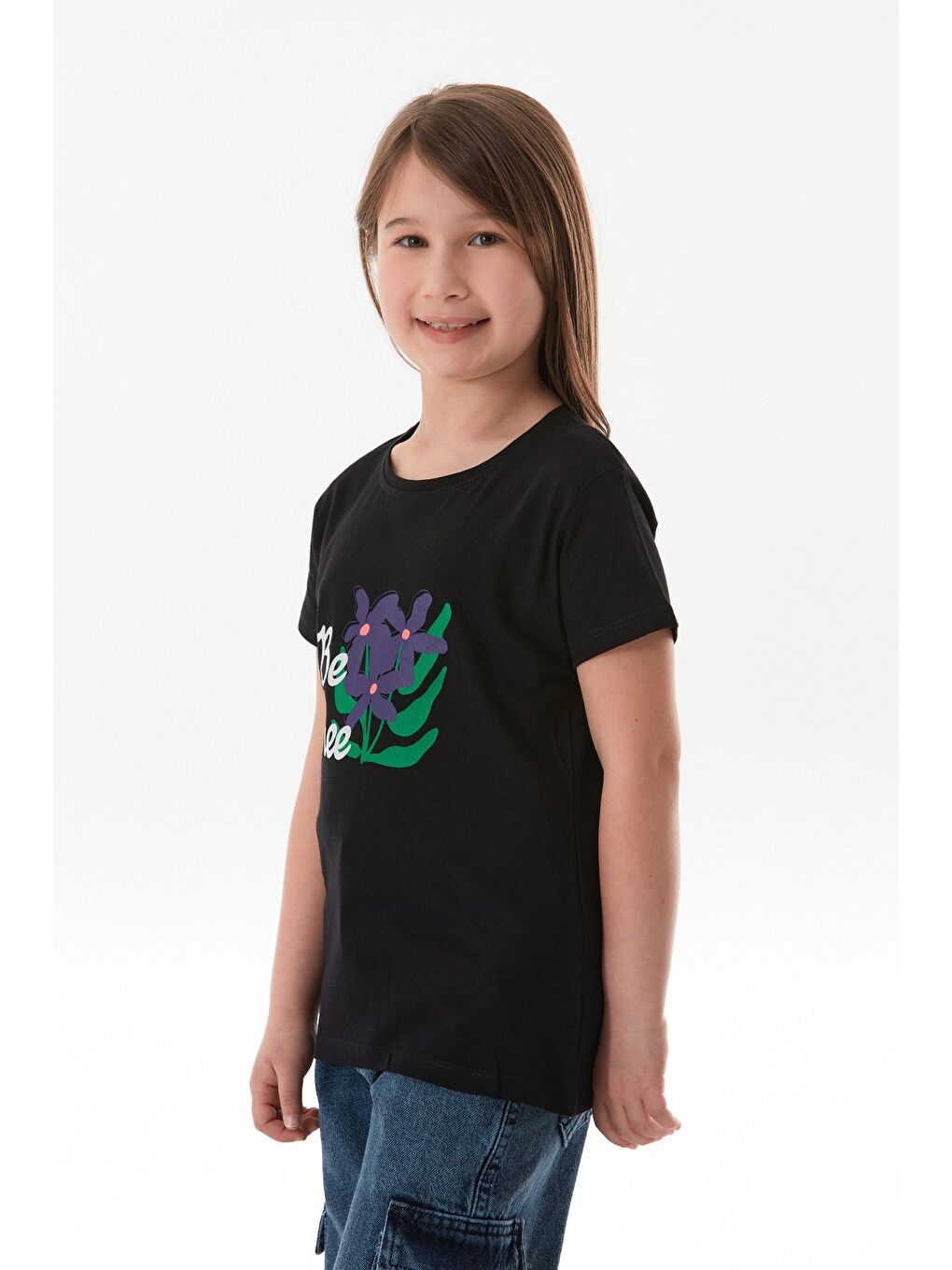 Siyah %100 Pamuk Önü Ve Arkası Çiçek Baskılı Kız Çocuk Tişört-3