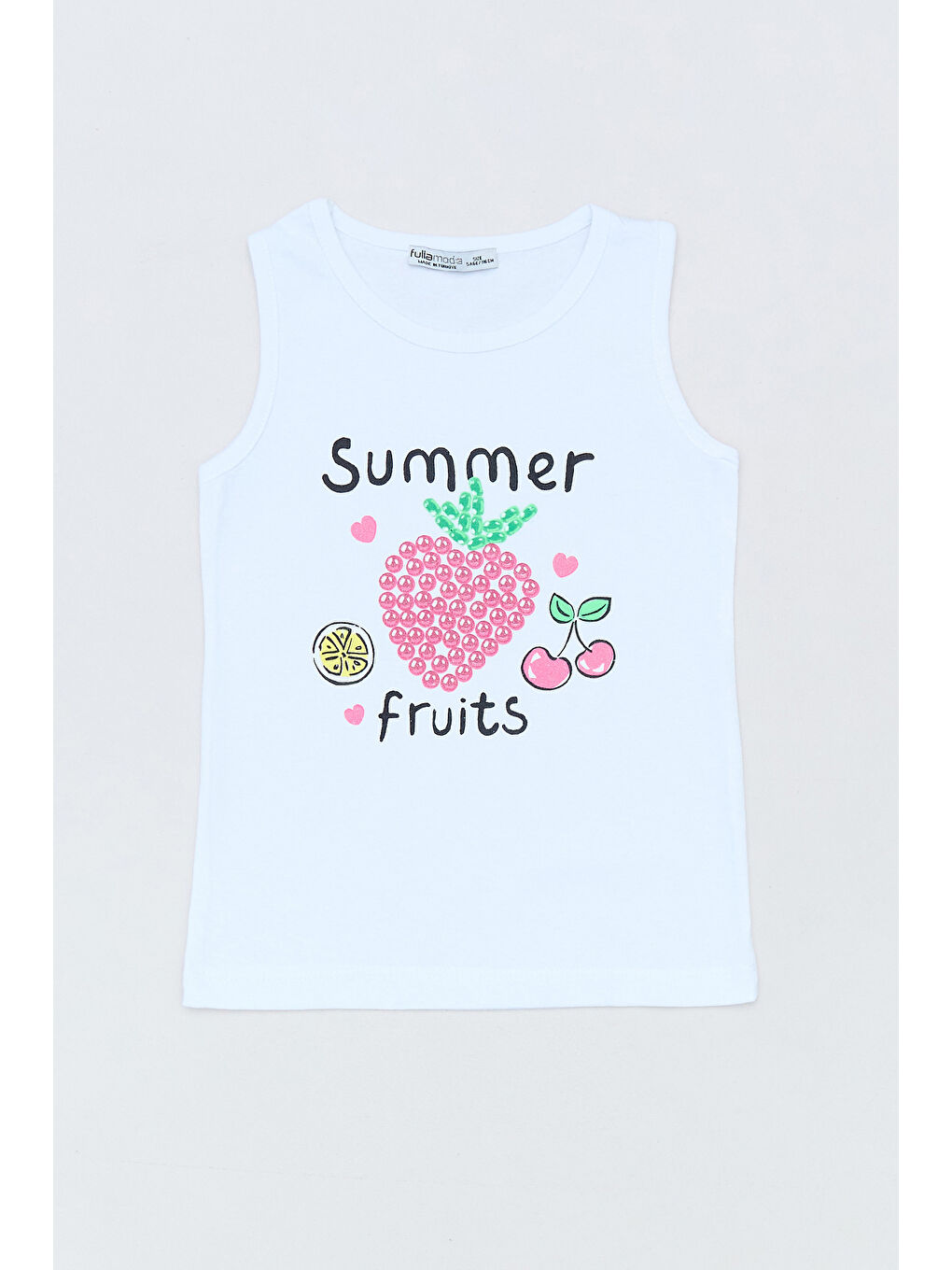 Beyaz %100 Pamuk Yazı Ve Meyve Baskılı Kalın Askılı Kız Çocuk Tişört