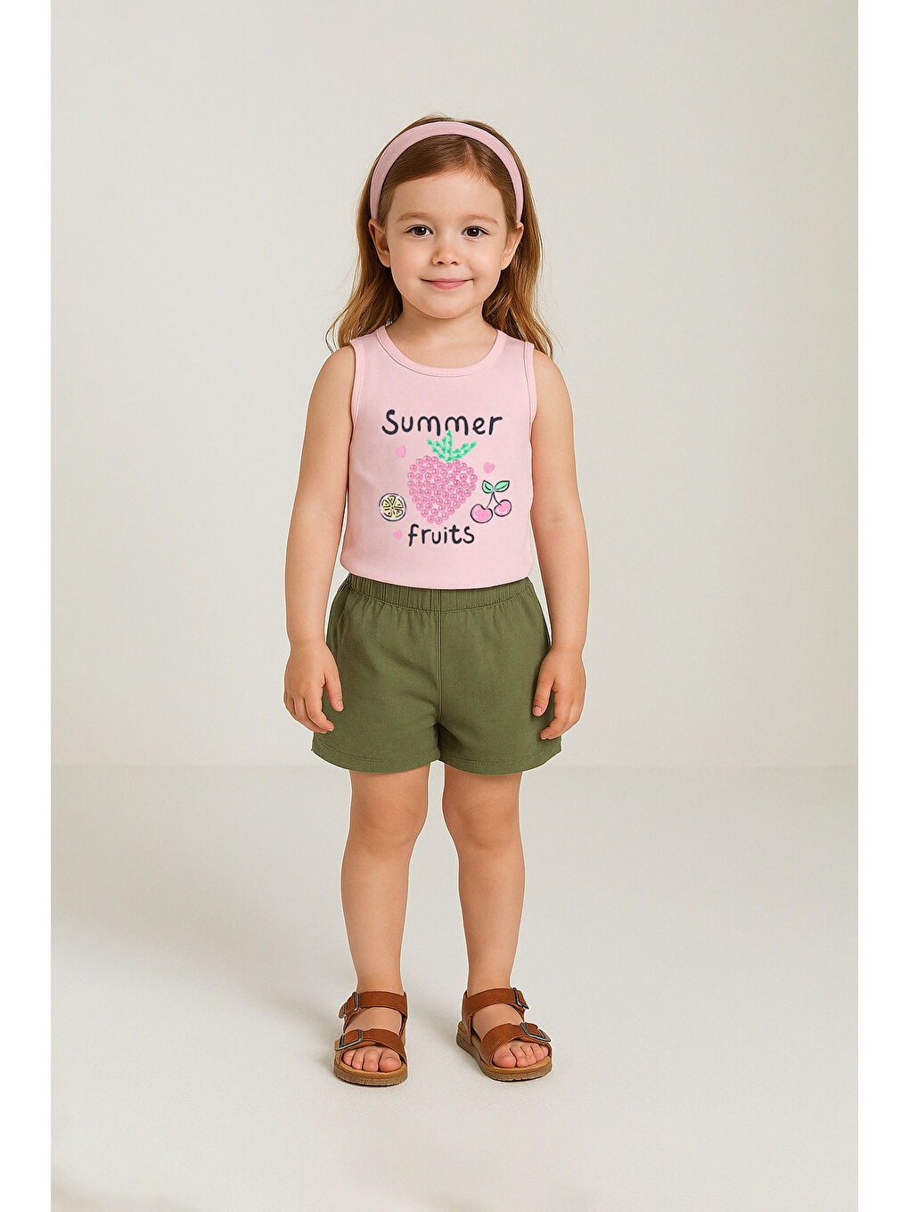 Pembe %100 Pamuk Yazı Ve Meyve Baskılı Kalın Askılı Kız Çocuk Tişört