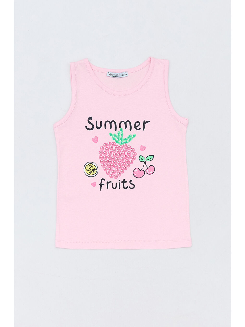 Pembe %100 Pamuk Yazı Ve Meyve Baskılı Kalın Askılı Kız Çocuk Tişört-1