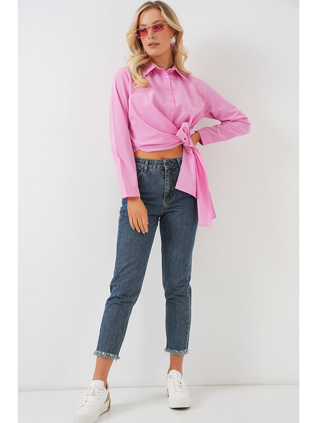 Kadın Bağlamalı Uzun Kol Gömlek 20325 - Pembe-1