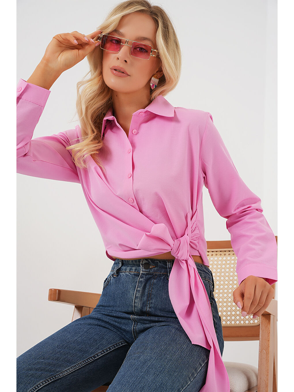 Kadın Bağlamalı Uzun Kol Gömlek 20325 - Pembe-2