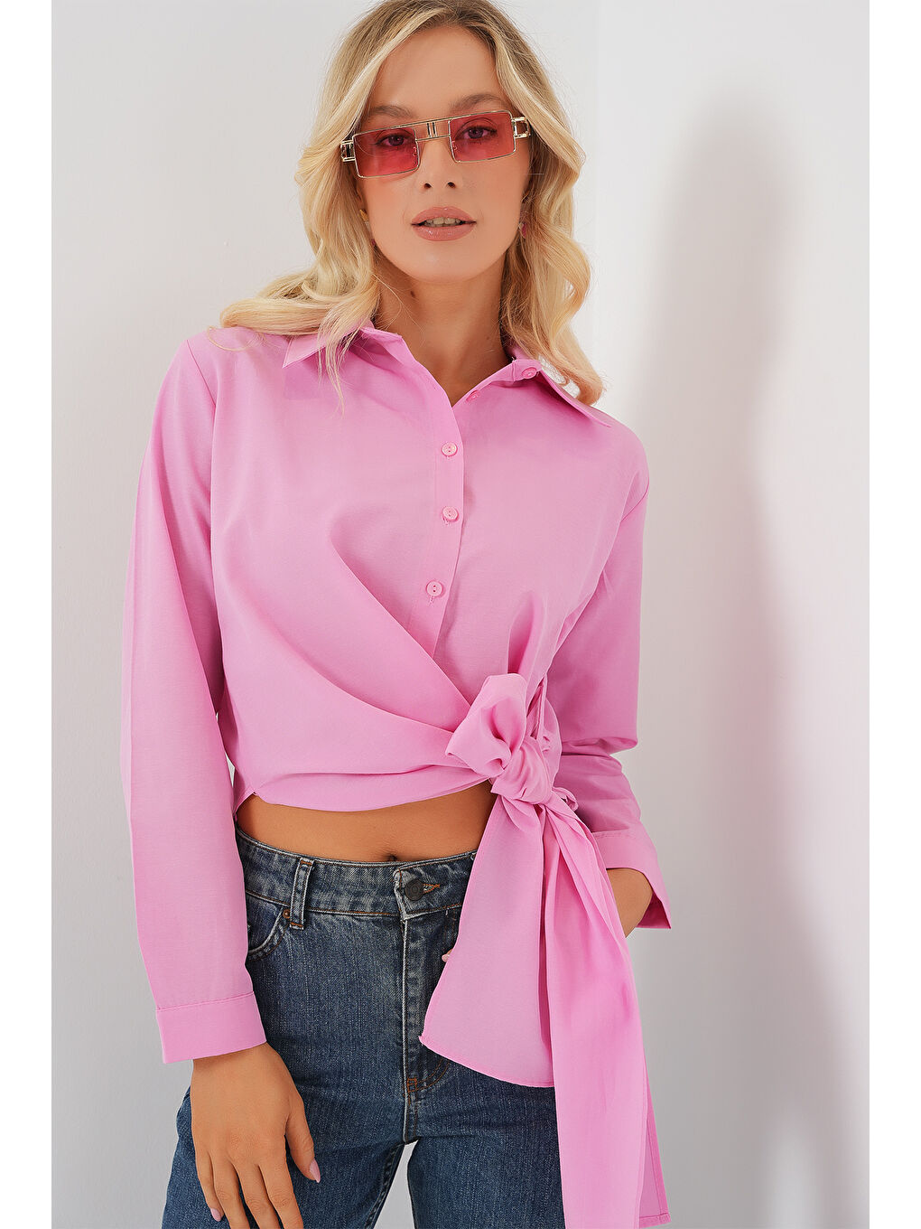 Kadın Bağlamalı Uzun Kol Gömlek 20325 - Pembe-3