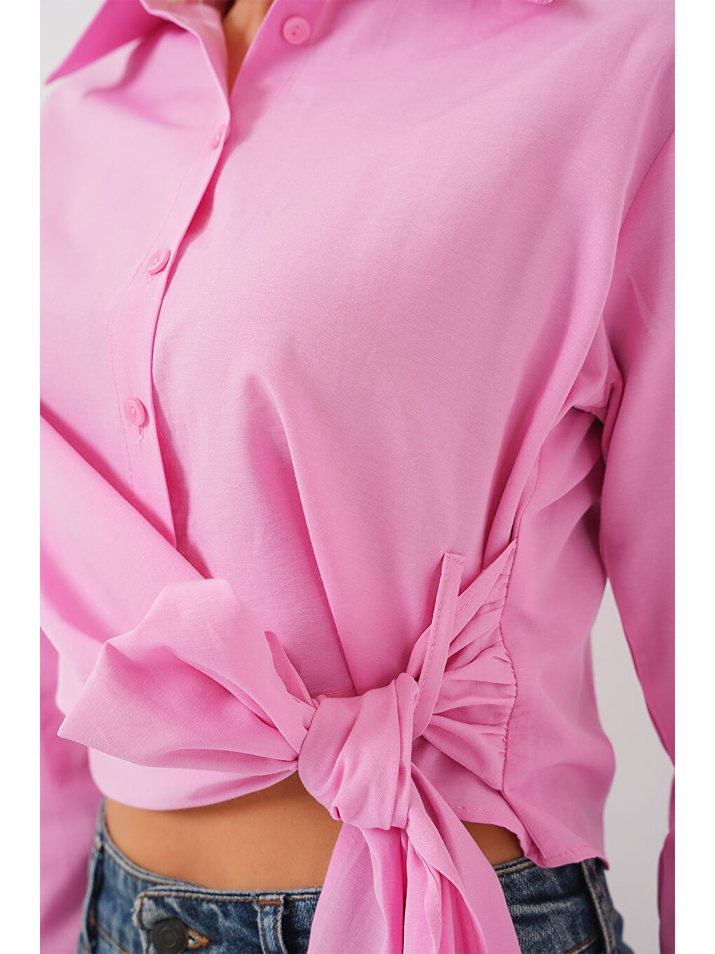 Kadın Bağlamalı Uzun Kol Gömlek 20325 - Pembe-4