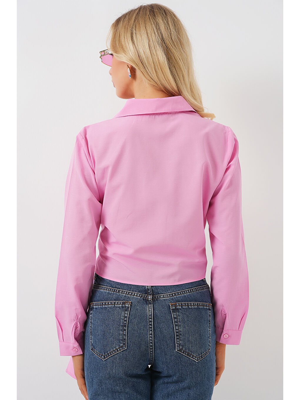 Kadın Bağlamalı Uzun Kol Gömlek 20325 - Pembe-5