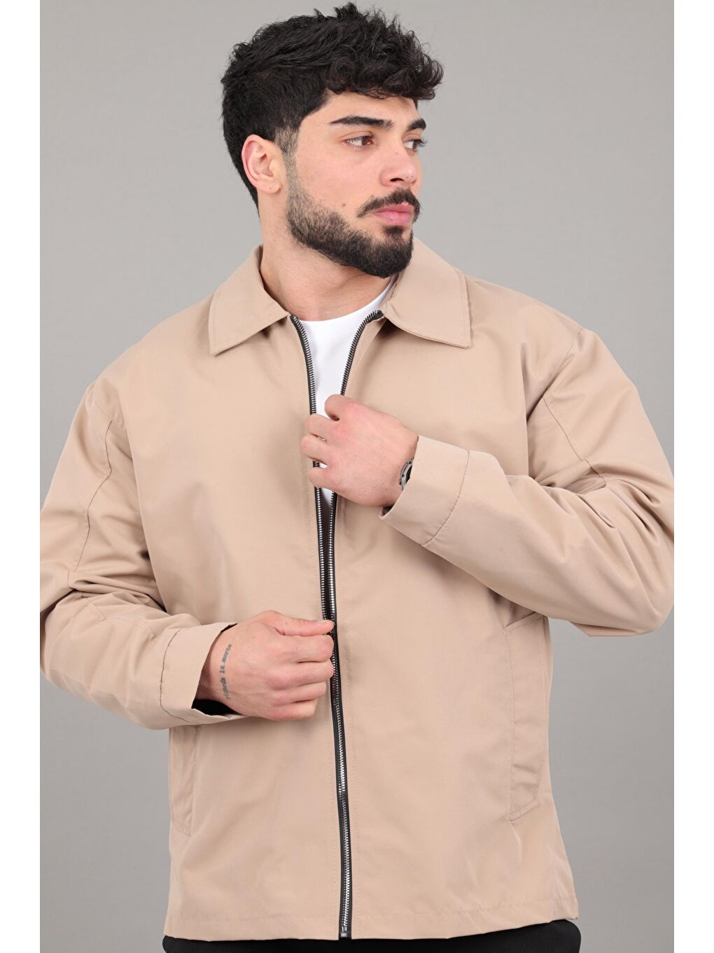 Bej Suya Dayanaklı Yakalı Oversize Mevsimlik Mont PLDP 3002_60393-1