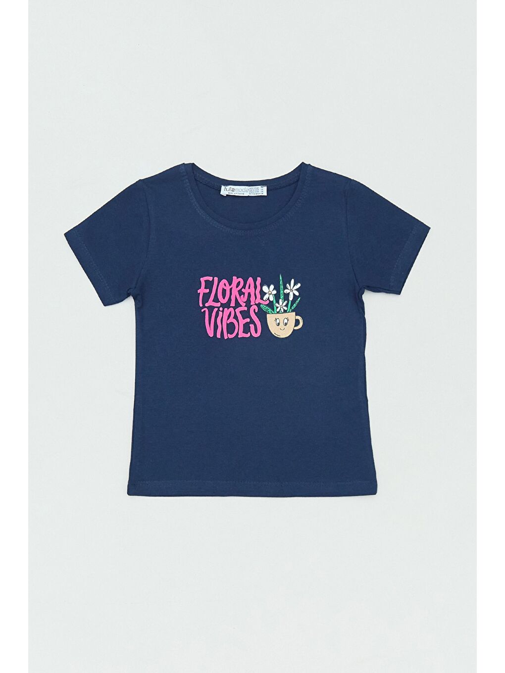 Lacivert %100 Pamuk Floral Vibes Yazı Baskılı Kız Çocuk Tişört