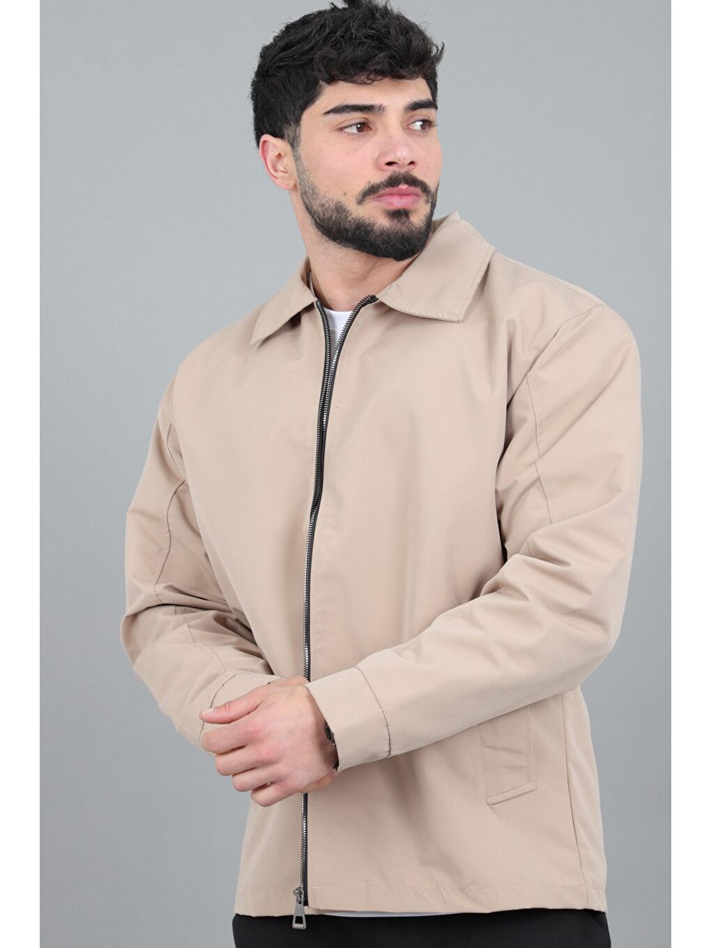 Bej Suya Dayanaklı Yakalı Oversize Mevsimlik Mont PLDP 3002_60393-2