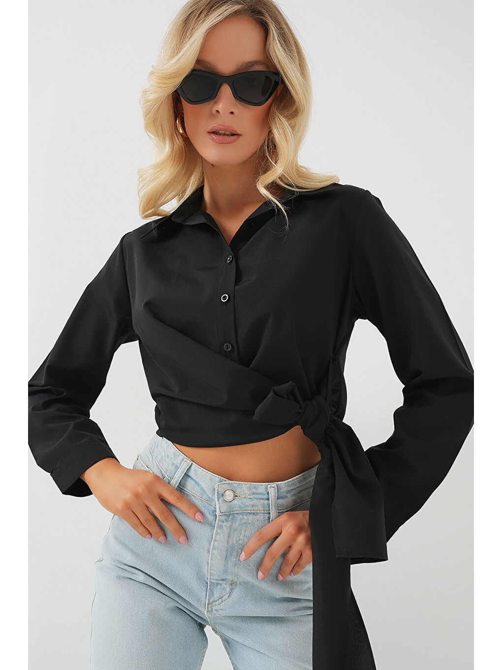 Kadın Bağlamalı Uzun Kol Gömlek 20325 - Siyah