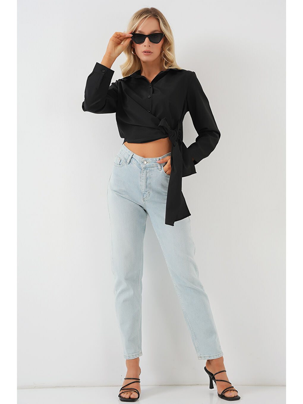 Kadın Bağlamalı Uzun Kol Gömlek 20325 - Siyah-1