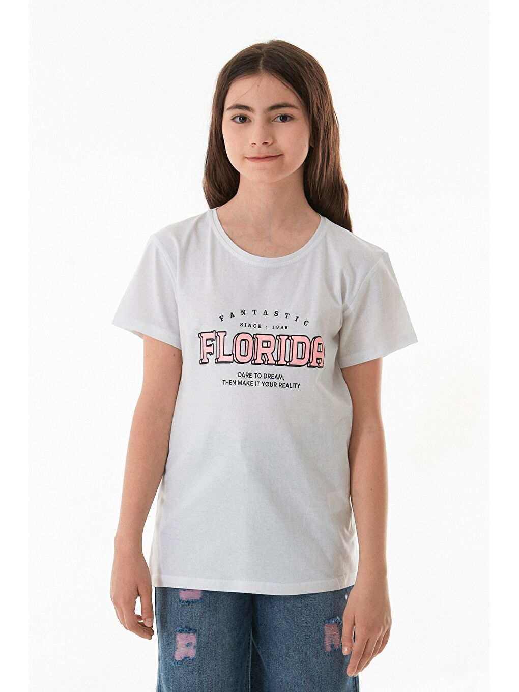 Beyaz %100 Pamuk Florida Yazı Baskılı Kız Çocuk Tişört