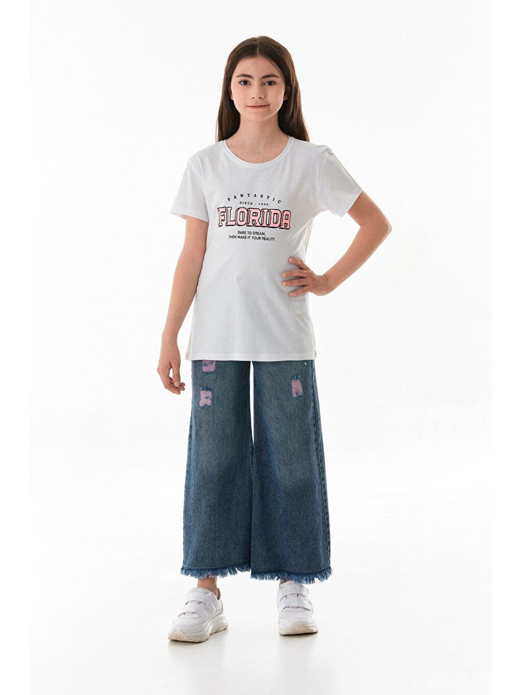 Beyaz %100 Pamuk Florida Yazı Baskılı Kız Çocuk Tişört-1