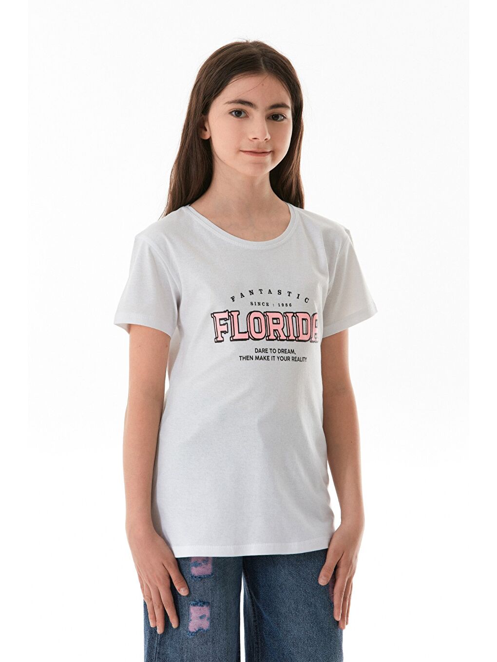 Beyaz %100 Pamuk Florida Yazı Baskılı Kız Çocuk Tişört-2