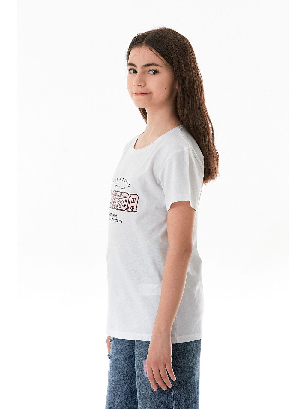 Beyaz %100 Pamuk Florida Yazı Baskılı Kız Çocuk Tişört-3