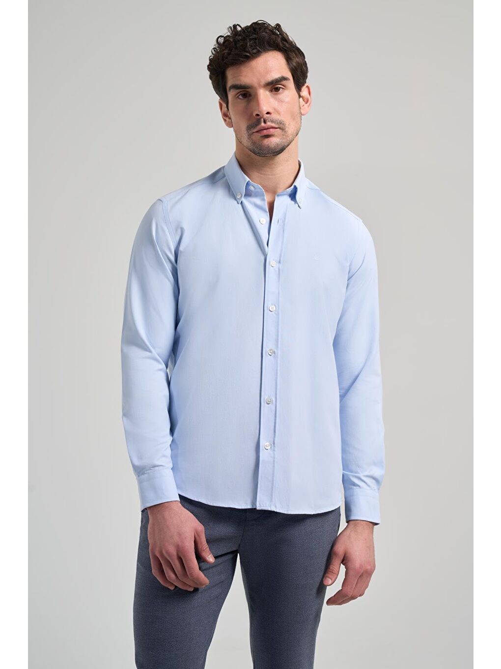 Mavi Uzun Kol Düz Oxford Düğmeli Yaka Cepsiz Pamuklu Classic Slim Fit Gömlek 1004250168