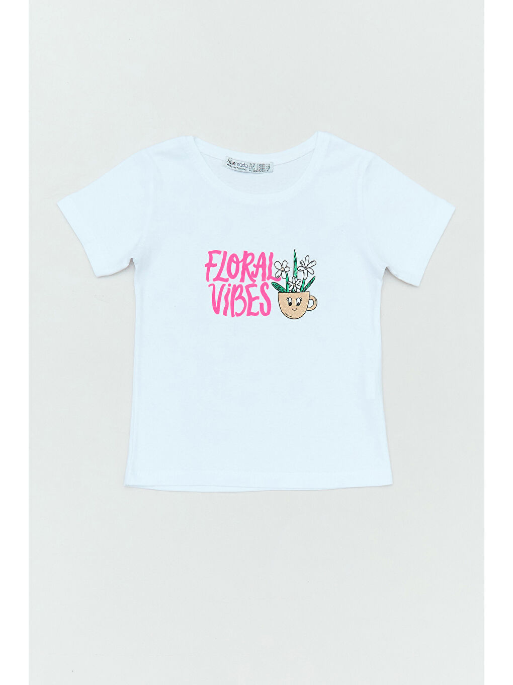 Beyaz %100 Pamuk Floral Vibes Yazı Baskılı Kız Çocuk Tişört