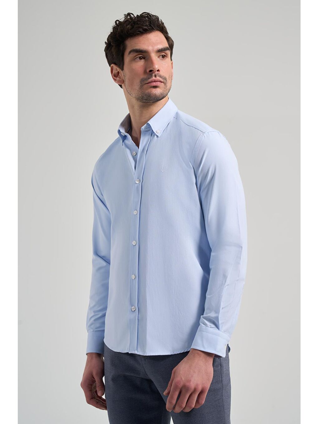 Mavi Uzun Kol Düz Oxford Düğmeli Yaka Cepsiz Pamuklu Classic Slim Fit Gömlek 1004250168-2